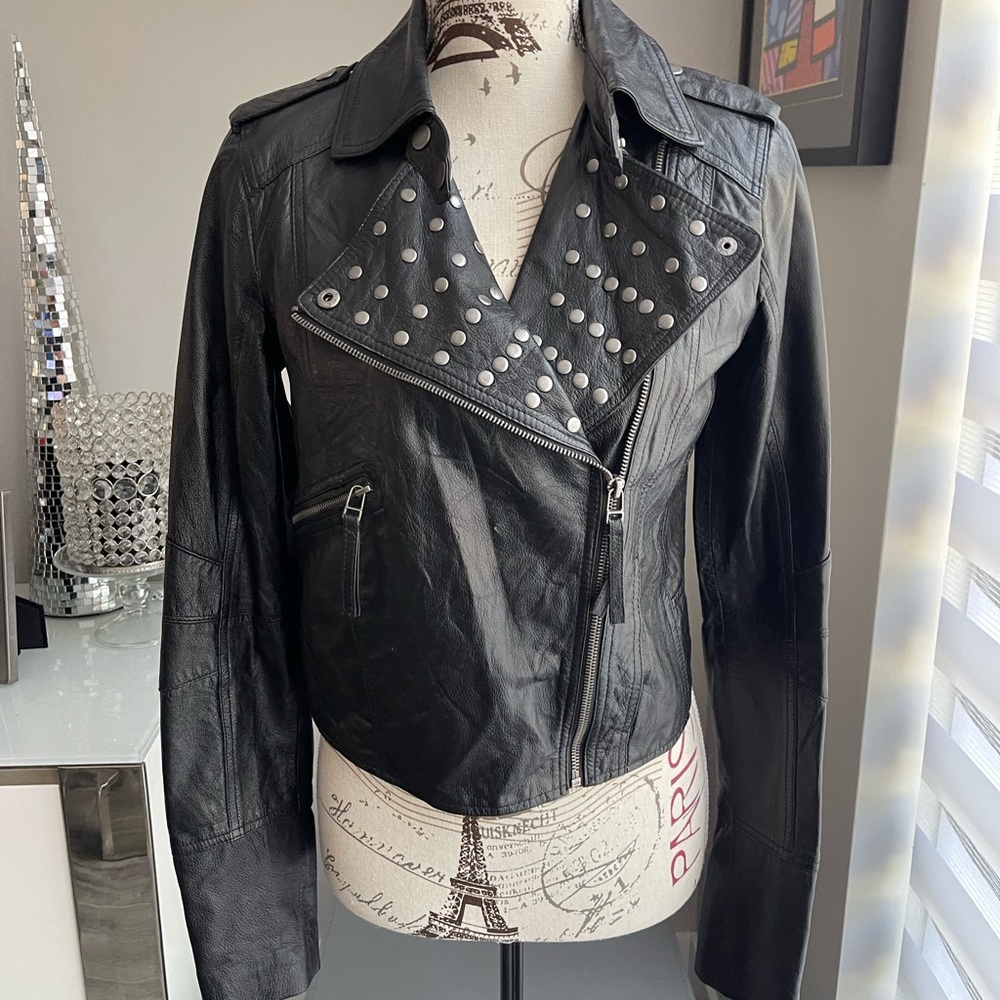 ZARA Leather Collection Studded Black Leather Jacket Size Small